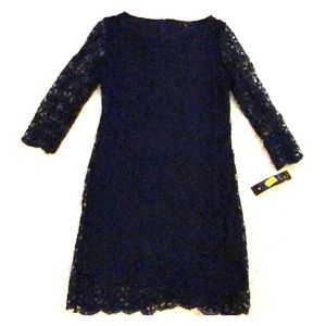 Tiana B. Navy Blue Lace Long Sleeve Sheath Dress